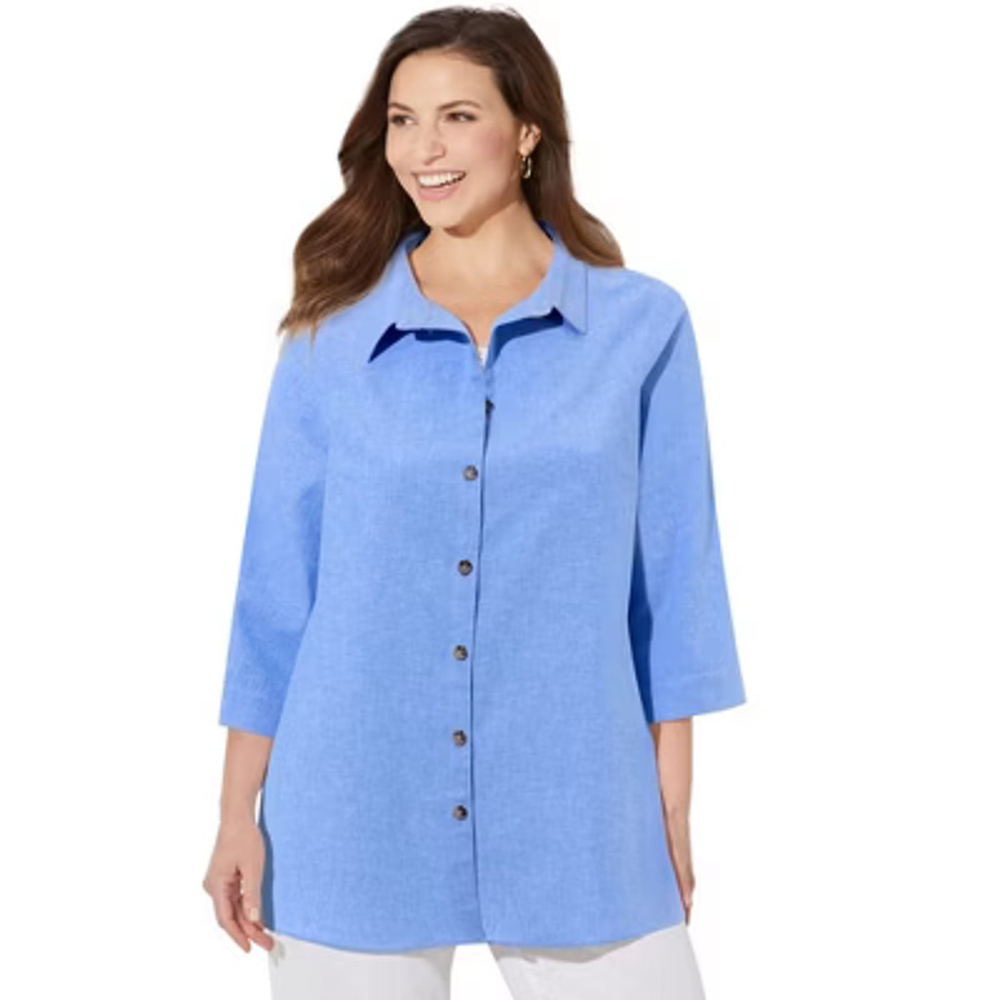 Catherines Linen Blend Blue Button Front Tunic Top 26/28W